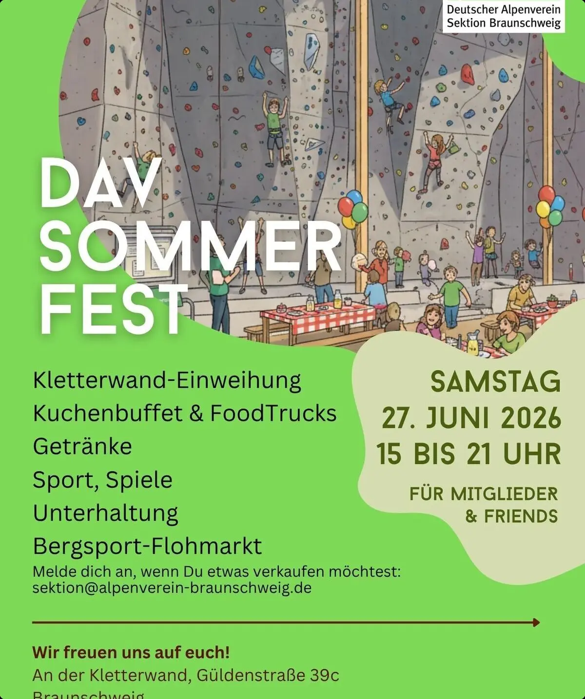 Kletterwand-Einweihung, Kuchenbuffet und Food Trucks, Getränke, Sport, Spiele, Unterhaltung, Bersport Flohmarkt. Am 27. Juni 2026 von 15 bis 21 Uhr an der Güldenstraße 39c für Mitglieder und Friends. | © DAV Braunschweig