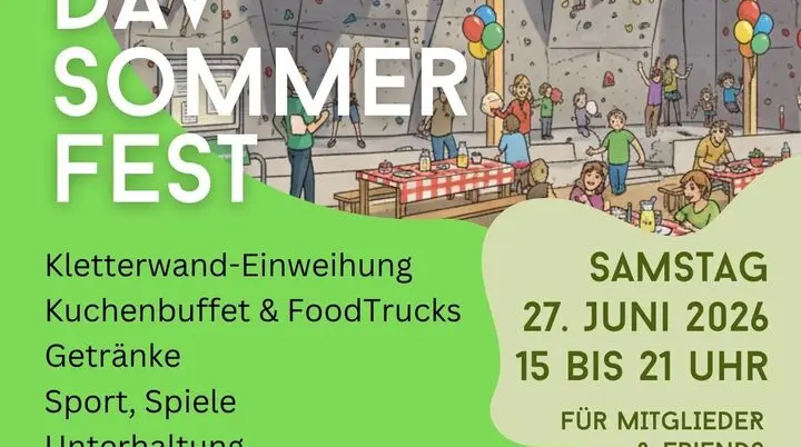 Kletterwand-Einweihung, Kuchenbuffet und Food Trucks, Getränke, Sport, Spiele, Unterhaltung, Bersport Flohmarkt. Am 27. Juni 2026 von 15 bis 21 Uhr an der Güldenstraße 39c für Mitglieder und Friends. | © DAV Braunschweig