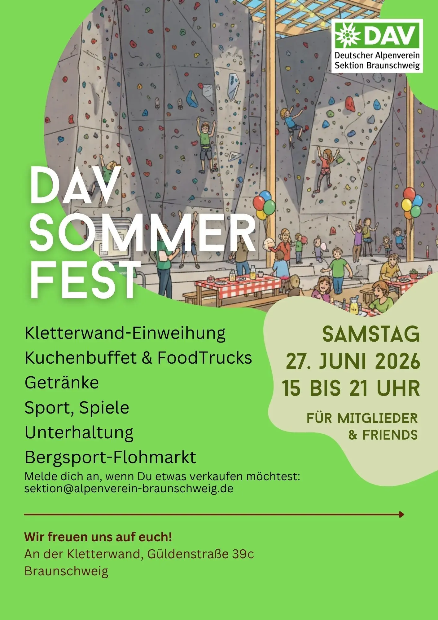 Kletterwand-Einweihung, Kuchenbuffet und Food Trucks, Getränke, Sport, Spiele, Unterhaltung, Bersport Flohmarkt. Am 27. Juni 2026 von 15 bis 21 Uhr an der Güldenstraße 39c für Mitglieder und Friends. | © DAV Braunschweig