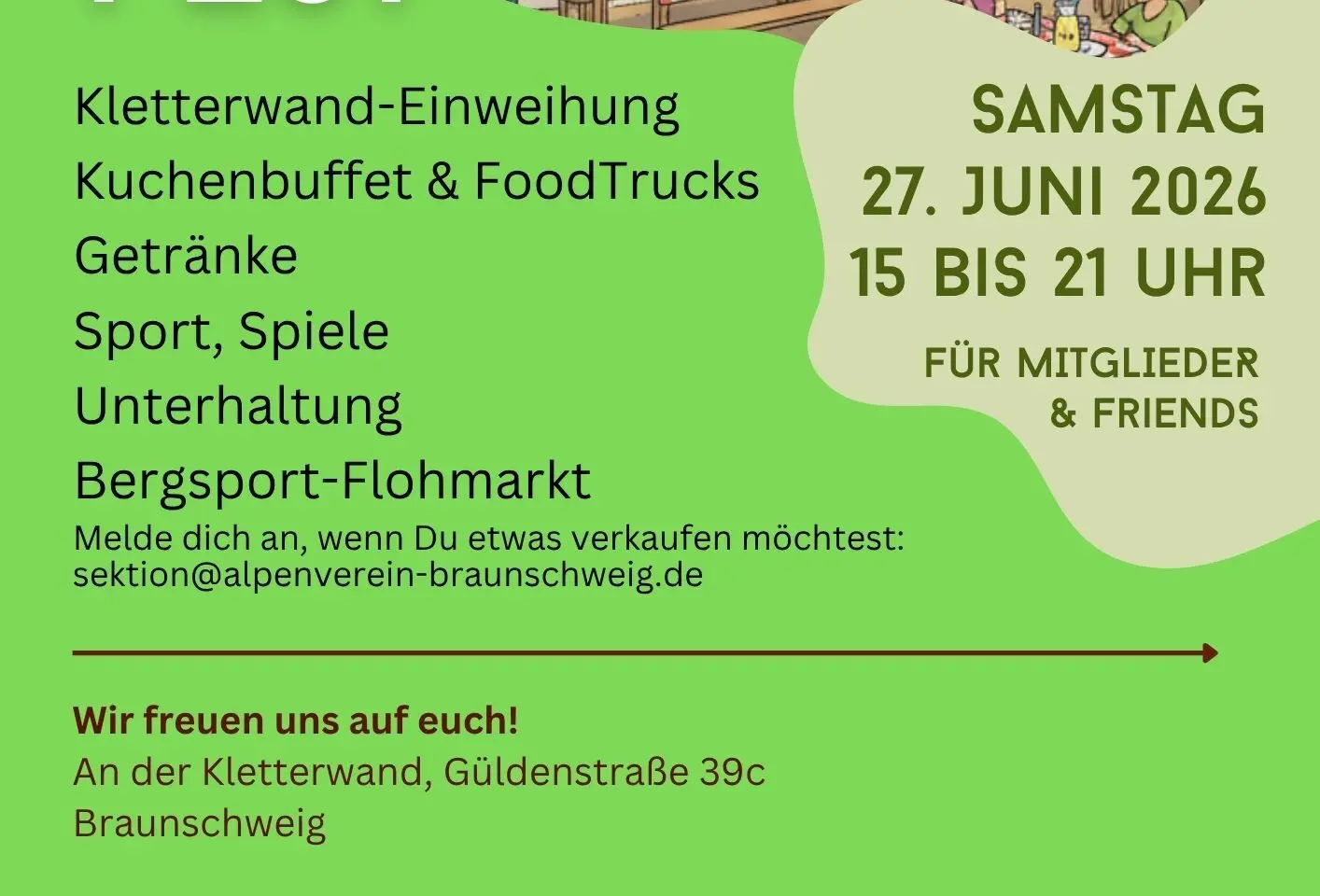 Kletterwand-Einweihung, Kuchenbuffet und Food Trucks, Getränke, Sport, Spiele, Unterhaltung, Bersport Flohmarkt. Am 27. Juni 2026 von 15 bis 21 Uhr an der Güldenstraße 39c für Mitglieder und Friends. | © DAV Braunschweig