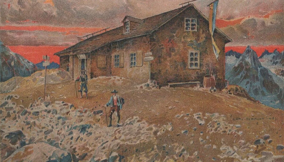 Braunschweiger Hütte auf 2.759 m (Professor Zeno Diener, Kunstpostkarte No. 1536, Ottmar Zieher, München, ca. 1900 – Ausschnitt).  | © Michael Wettern