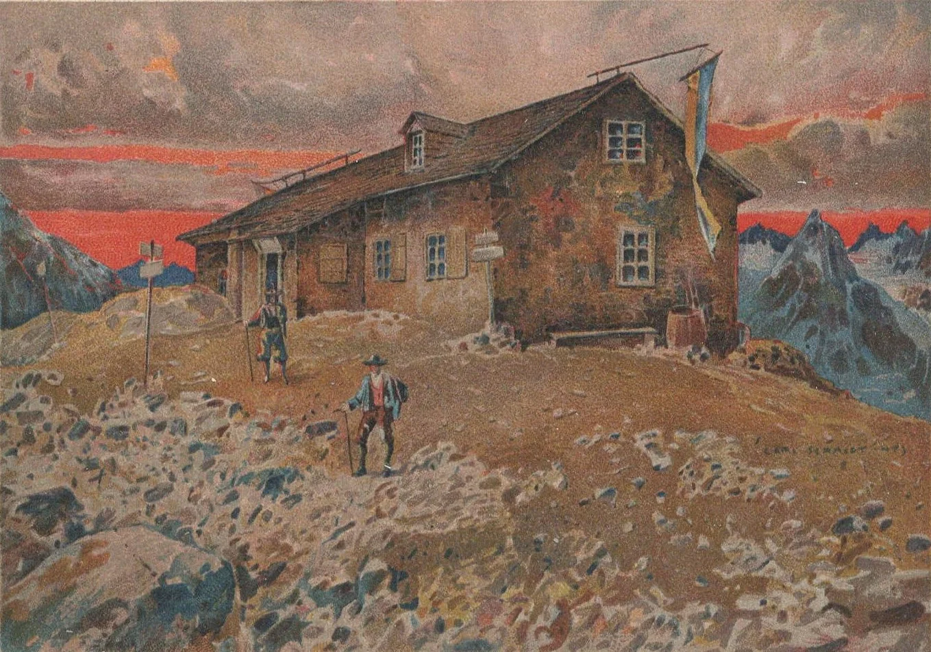 Braunschweiger Hütte auf 2.759 m (Professor Zeno Diener, Kunstpostkarte No. 1536, Ottmar Zieher, München, ca. 1900 – Ausschnitt).  | © Michael Wettern
