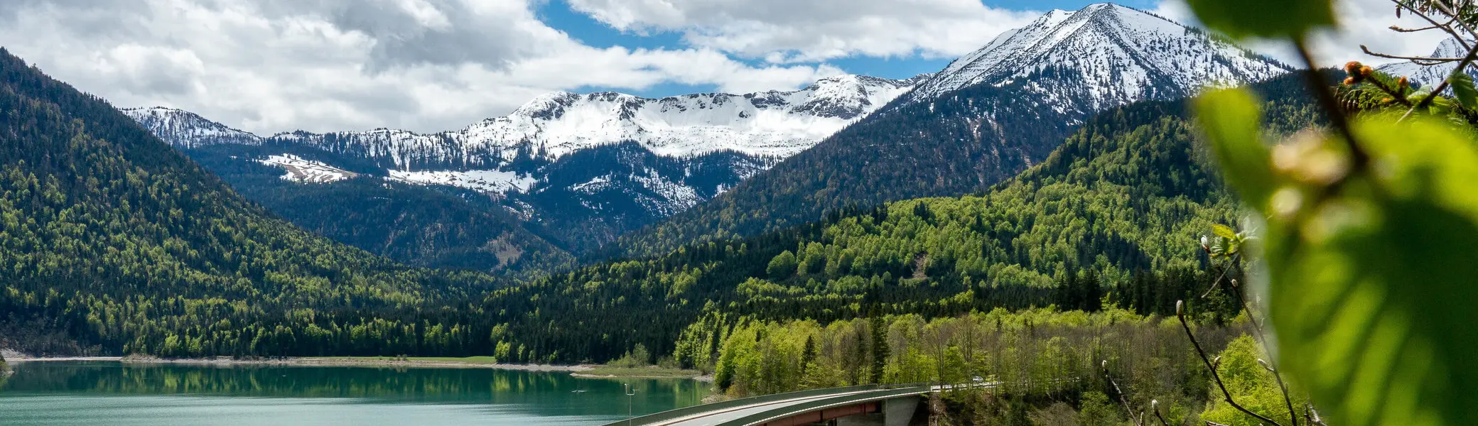 Der Bergbus des Deutschen Alpemvereins fährt über eine Brücke in die Alpen | © DAV/Tobias Hipp